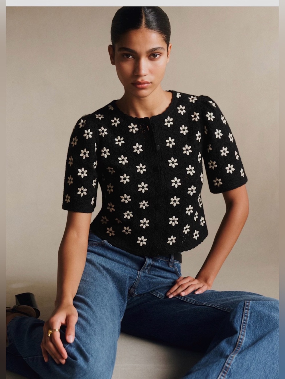 Sézane Black Floral Knit Short-Sleeve Cardigan Top